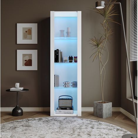 Hochglanz-Vitrinenschrank 55x38x166 cm Weiß aus Spanplatte mit LED-Beleuchtung und 3 Glasböden (1/5)