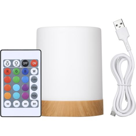 Veilleuse chevet tactile avec télécommande 13 couleurs 3 modes lumineux minuterie rechargeable USB intensité réglable lampe table salon chambre bureau couloir ABS PC blanc bois 120x90mm (1/4)