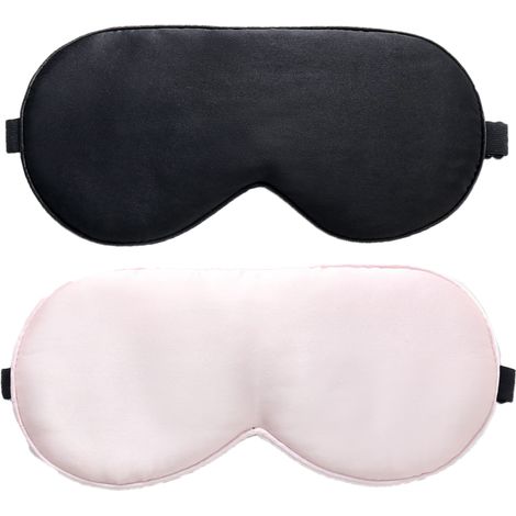 Masque de sommeil en soie, lot de 2 masques pour les yeux 100 % soie naturelle véritable avec sangle ajustable, masque de sommeil, protection des yeux pour le yoga et les voyages (noir, rose) (1/5)
