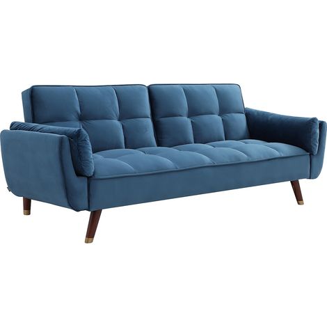 Vente-Unique – Canapé convertible clic-clac 3 places en velours bleu – Dossier inclinable multi-positions – Longueur 211 cm – Largeur couchage 103 cm (1/4)