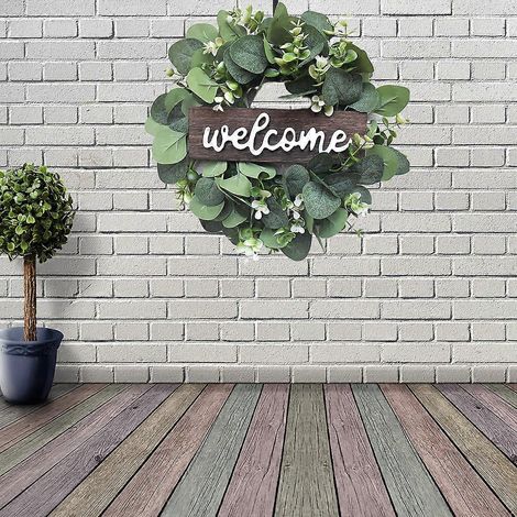 Couronne d'eucalyptus artificiel de 30 cm (12 pouces) avec feuilles vertes, guirlande à suspendre pour la décoration de porte d'entrée, mur, fête, fenêtre. (1/4)