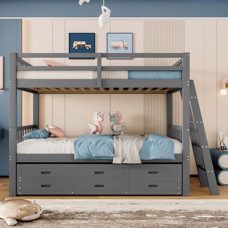 Lit superposé 90 x 200cm pour enfants, lit avec tiroirs et lit escamotable, cadre en pin et mdf, gris (1/5)