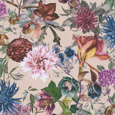 Papier peint floral réaliste coloré sur fond beige Papier peint à feuillage et fleurs Papier peint intissé idéal pour chambre (1/4)