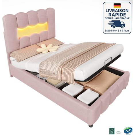 MODFU - Cama infantil con canapé 90×200cm, con LED, tapizada, cabecero regulable en altura, sin colchón, terciopelo, rosa (1/5)