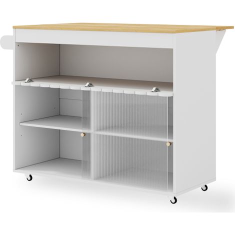 Chariot de cuisine console avec plateau en bois massif dimensions 110×46×91cm portes en verre ondulé roulettes mobiles rangement multifonction pour cuisine domestique (1/5)