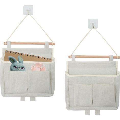 Lot de 2 sacs de rangement muraux à suspendre avec poches, tissu de lin imperméable avec 2 crochets, sac de rangement mural pliable pour cuisine, chambre à coucher, dortoir, organiseurs muraux (1/5)