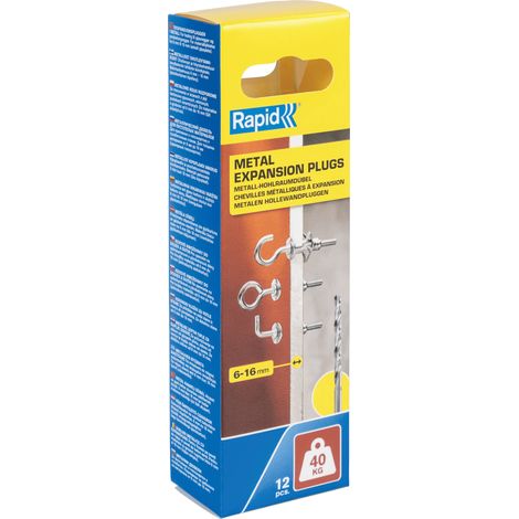 RAPID - Chevilles à Expansion Métal - 6-16mm Lot 12 Vis Crochet Mural Charge Max 40 kg Pour Cloison Plâtre, Fixation Solide pour Mur Creux - (4 pcs gond, 4 pcs crochet, 4 pcs piton) - (5001557)