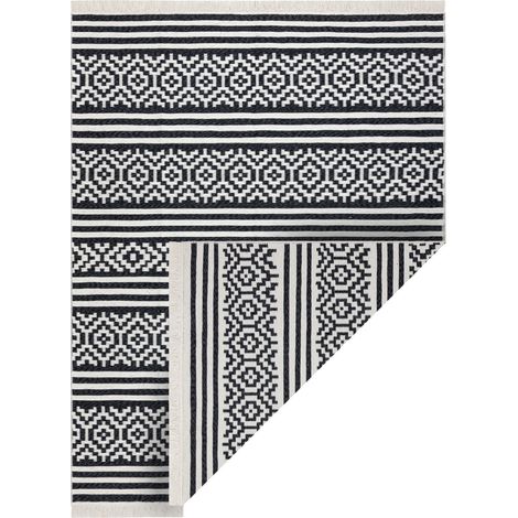 Carpet TWIN 22996 geometric, stripes cotton, double-sided, Ecological fringes - black / cream black 60x90 cm
