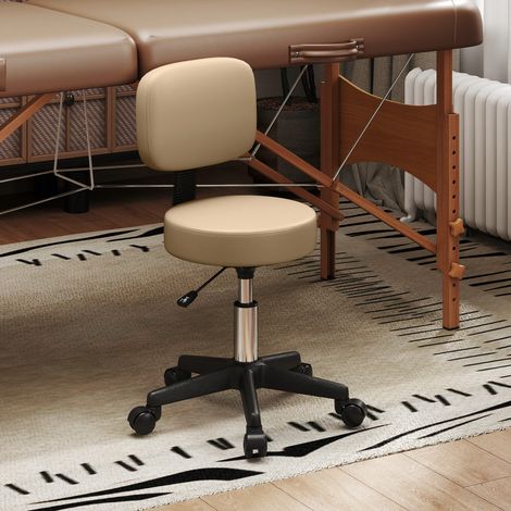 Tabouret de bureau à roulettes réglable en hauteur avec dossier, pivotant à 360°, idéal pour le bureau ou le salon de coiffure, marron clair (1/5)