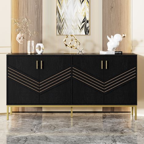 Sideboard 160x40x80.5 cm Schwarz und Holz MDF mit 4 Türen und höhenverstellbaren Einlegeböden (1/5)