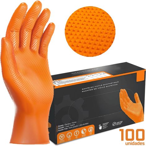 Guantes de Nitrilo DIAMANTADOS GRIP Super resistentes Reutilizables NARANJAS 7 micras / 8´5 gramos, pack de 100 Talla L