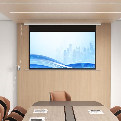 84-Zoll-Projektionsleinwand (16:9), motorisiert mit Fernbedienung, Wand- und Deckenmontage, 215 x 8 x 140 cm, Weiß