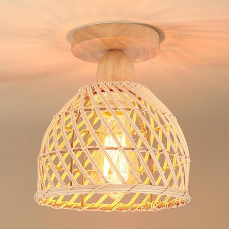 Rétro Plafonnier en Bois et Bambou Lustre Industriel E27 Luminaire Abat-Jour Design Spirale Cage Lampe Suspension Vintage LED Éclairage de Plafond pour Chambre Salon Entrée Couloir Café (20cm) (1/5)