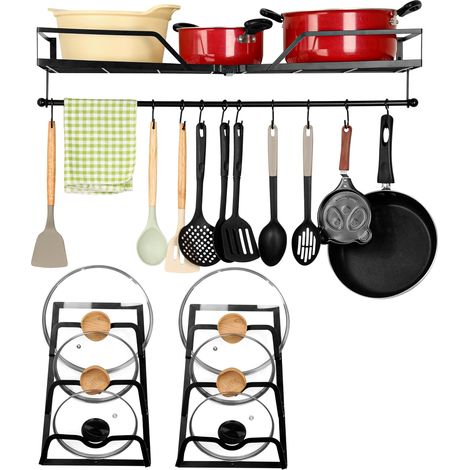 1 Support 3-en-1 Ustensiles, Étagère Murale Fer, Rail Détachable, 10 Crochets, Pour Cuisine (1/5)