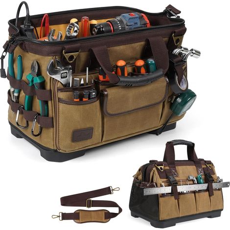 Große, robuste Werkzeugtasche für Elektriker (40,6 cm), 31 Fächer, Vintage-Werkzeugtasche aus gewachstem Canvas mit wasserdichtem Hartboden, weit zu öffnende, tragbare Werkzeugtasche (1/5)