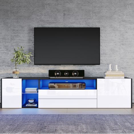 Mueble TV LED 180 x 40 x 45 cm con 2 cajones y 2 armarios, frontal brillante, negro/blanco (1/5)