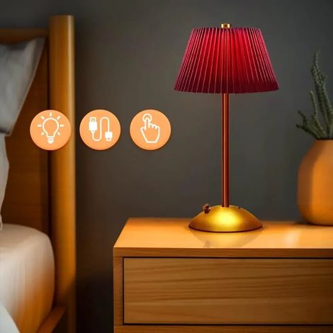 Lampe de bureau LED rechargeable portable (rouge) à commande tactile, abat-jour en tissu, éclairage d'ambiance pour le salon