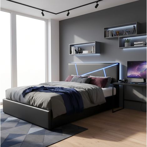 Lit coffre rembourré PU noir 90x200 cm avec LED, sommier à lattes inclus, ouverture hydraulique (1/5)