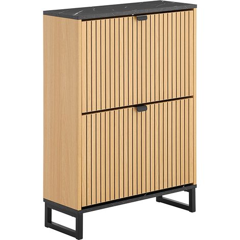 SoBuy FSR202-N Scarpiera Salvaspazio Slim a 2 Ante - Mobile Ingresso Moderno per Scarpe - Mobile Scarpiera da 8-12 Paia, con Struttura Resistente, Effetto Marmo Nero e Legno Chiaro, 60x24x88cm (1/5)