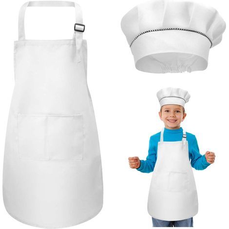 Tablier Enfant et Chapeau de Chef Set, Réglables Tabliers de Cuisine avec 2 Poches pour Filles Garçons, Bambin Tablier de Chef de Jardin pour Cuisson Peinture l'artisanat (7-13 Ans) (1/5)