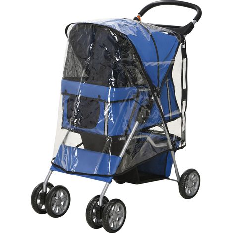 Passeggino per cani piccoli pieghevole con copertura antipioggia, ruote girevoli con freni, blu