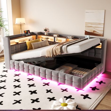 Letto/divano letto imbottito multifunzionale 90 × 200 cm, con vano contenitore idraulico, ripiano in legno, striscia LED, presa di corrente, porte di ricarica USB e Type-C, struttura di supporto a dog (1/5)