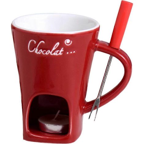 Ensemble à fondue pour chocolat, fromage, lait et crème, comprenant une tasse à fondre le beurre et un chandelier rouge. (1/5)