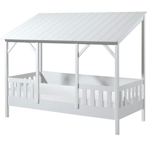 Lit cabane MILA 90x200 – Pin massif blanc avec sommier-Version avec sommier (1/4)