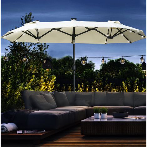 Ombrellone da giardino doppio in poliestere beige, inclinabile con manovella, luci LED solari, senza base