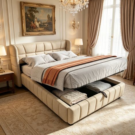 Cama con canapé 140 x 200 cm tapizada con cabecero, almacenamiento neumático, beige DESVIAE (1/5)