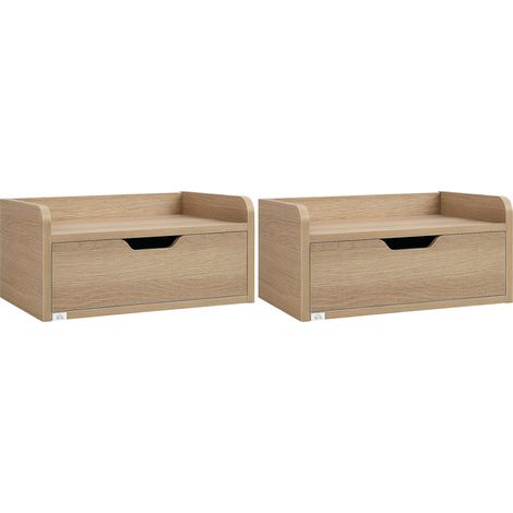 Set aus 2 wandmontierten Nachttischen mit Schubladen und Tischplatten in Holzoptik, 40 x 30 x 19,5 cm. Ideal für ein modernes Schlafzimmer, platzsparender Stauraum, minimalistisches skandinavisches De