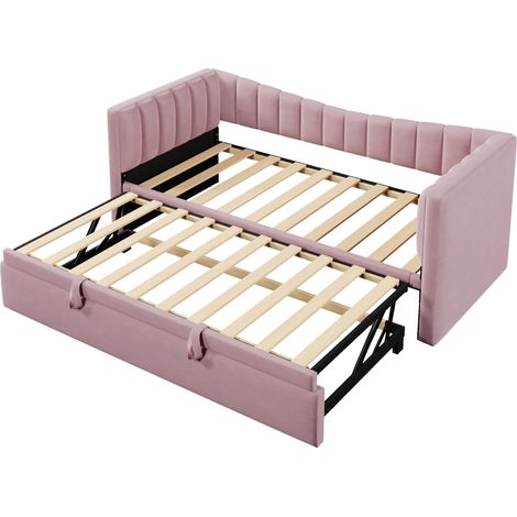 Gepolstertes Tagesbett 90 x 200 cm mit Ausziehbett aus rosa Samt MODENUIT (1/5)