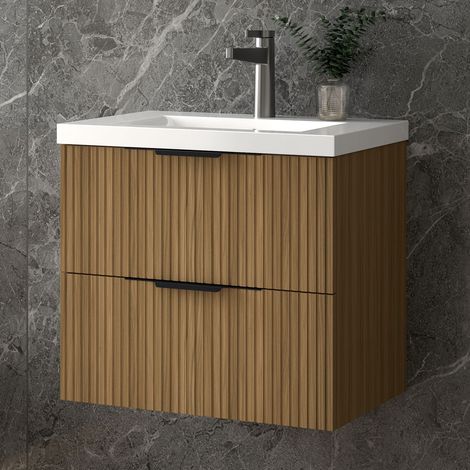 Unterschrank mit Waschbecken Waschbeckenunterschrank, Walnussfarbe Badezimmerschrank, 2 Schubladen, 50x37x52cm, TYP A-Keramik Waschbecken, Sanfter Schluss, Badschrank (1/5)