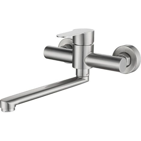 Wall Mounted Kitchen Faucet, Stainless Steel Wall Mounted Kitchen Mixer Tap, 360° Rotatable Kitchen Sink, Adjustable Hot and Cold Water, Adjustable Brushed Mounting Holes (1/5)