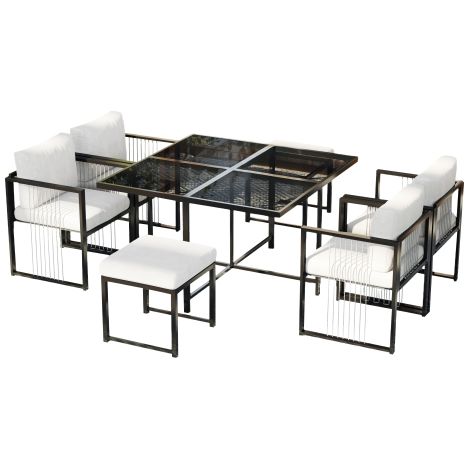 Ensemble repas 7p 6 personnes, table verre trempé, jardin et terrasse