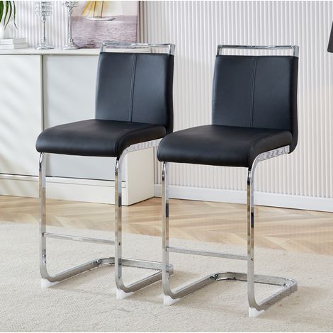 Set di 2 sgabelli da bar, 96,5 cm, seduta in PU, con schienale, gambe in metallo argento, nero (1/5)