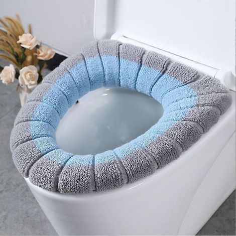 Housse de siège de toilette souple, extensible et lavable pour toilettes de forme O/U/V, coussin chauffant d'hiver en polyester (bleu avec A gris) (1/5)