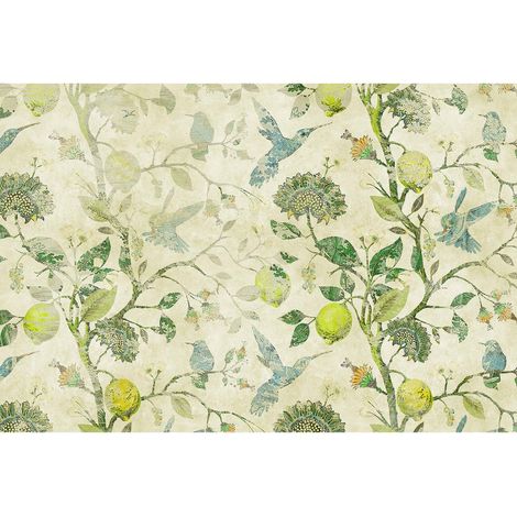 Papier peint panoramique oiseaux & arbre citronnier pour cuisine Tapisserie panoramique jaune & vert fleurie Papier peint panoramique idéal escalier (1/2)