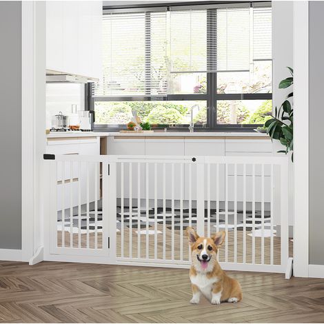 Freistehendes Hundegitter 166x36x71 cm aus weißem Holz mit Tür – MEUBLIV (1/5)