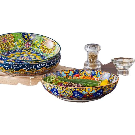 Platos de cerámica para pasta, diseño floral único, aptos para lavavajillas, 4 piezas. (1/2)