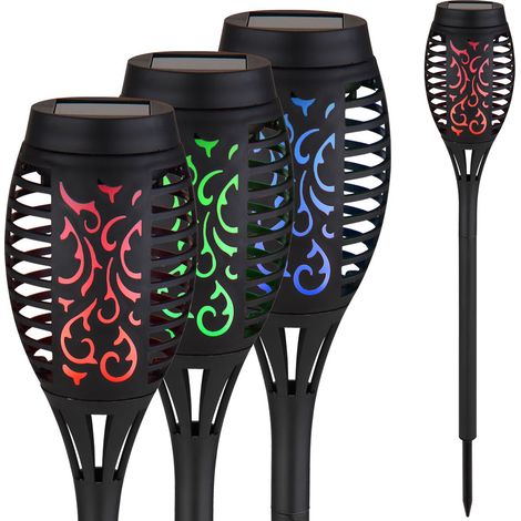 Solarleuchte Erdspieß Feuereffekt Solarlampen für Außen Farbwechsel Solar Außenbeleuchtung Garten, Stanzungen, 8x RGB LED, DxH 7,5x50,5 cm, 4er Set