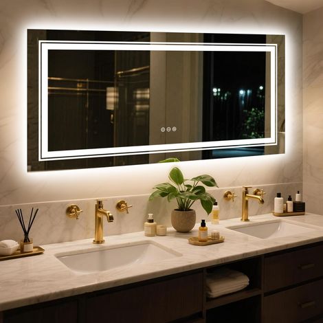 Specchio Bagno LED 140x70cm Luce Retroilluminato + Frontale, Piu luminoso, Specchio Smart Rettangolare touch, Dimmerabile 3 Colori, Antiappannamento