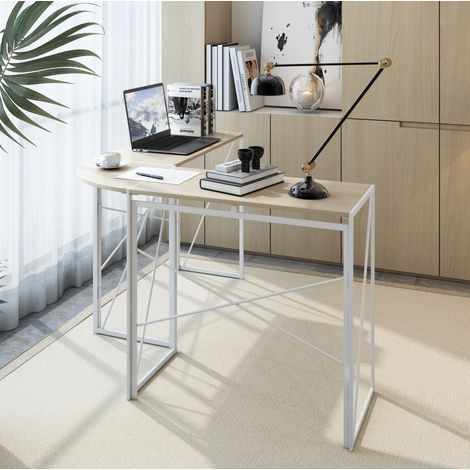 Escritorio en L blanco efecto roble, estructura metálica, diseño moderno para ordenador (1/5)
