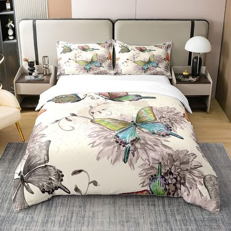 Cotton Bedding Set, 240 x 260 cm, Butterfly Bedding Set, Watercolour Flower Duvet Cover, for Women, Girls, Teens, Colourful Floral Butterfly Duvet Cover, 2 Pillowcases 3 Pieces (1/5)