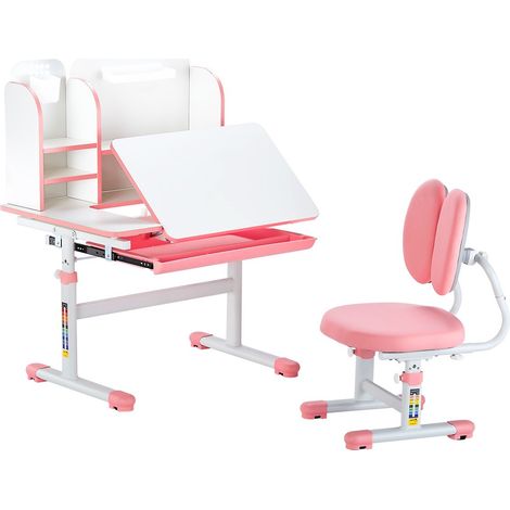 Ensemble chaise et bureau pour enfants, avec étagère et tiroir de rangement, table et chaise d'étude, hauteur réglable et inclinés de 0 à 40°, pour lecture, pour chambre et salle d'étude, rose (1/5)