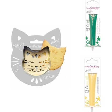 Kit pour biscuit en relief Chat + 2 Stylos au chocolat vert et jaune pastel