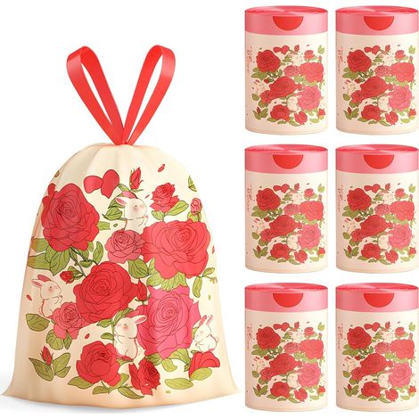 Paquete de 180 bolsas de basura pequeñas con aroma a rosas (10-15 L) con cordón ajustable para el hogar, la oficina, la cocina y el baño, que dejan un aroma fresco en la basura. (1/5)