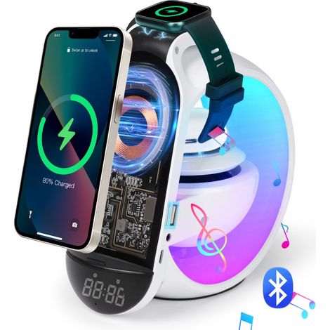 6 in 1 Bluetooth-Speaker, RGB-Farbwechselndes Umgebungslicht Wecker, LED-Tischlampe mit kabellosem Ladegerät (1/5)