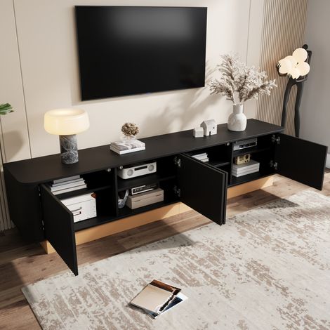 Mueble TV (200x40x47.5 cm), 4 puertas, baldas regulables, esquinas redondeadas, MDF, negro (1/5)
