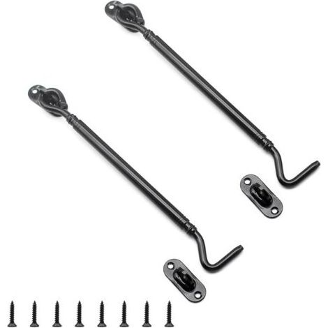 2 Pièces Crochet Porte Noir, Crochet de Porte en Acier Inoxydable de 205 mm avec œillet, Crochets de Bloque Volet Noir, avec Loquet à Vis avec Crochets, pour Fenêtres et Portes (1/5)